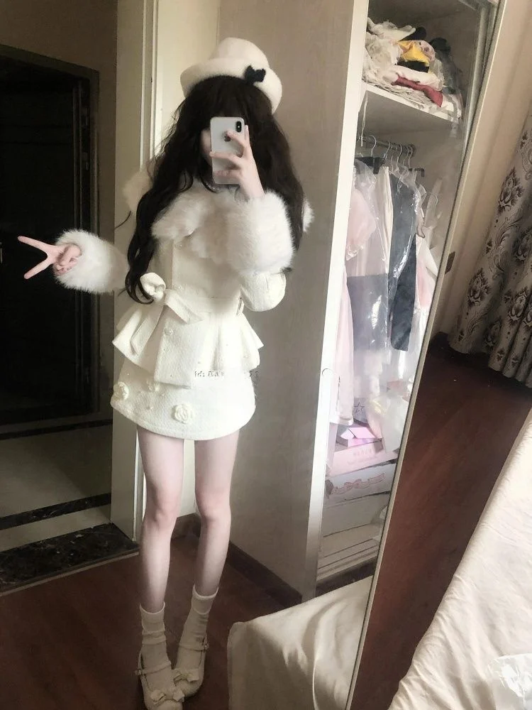 Elegant Autumn Winter Button up Long Sleeve Short Coat And Waist Cinching Skirt Two Piece Set Slimming Fashion Ensemble