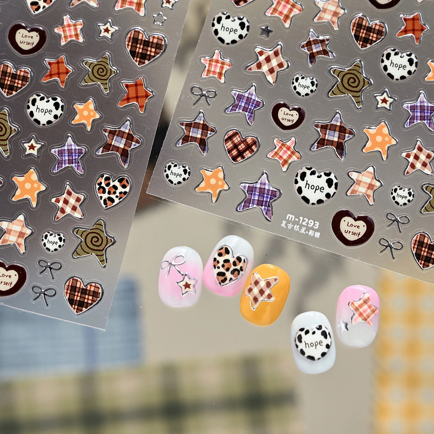 

Vintage Pentagram Love Heart Five-pointed Star Leopard Print Grid Stripe Bowknot Silver Stamped Nail Art Stickers Manicure Decal