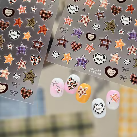 Vintage Pentagram Love Heart Five-pointed Star Leopard Print Grid Stripe Bowknot Silver Stamped Nail Art Stickers Manicure Decal