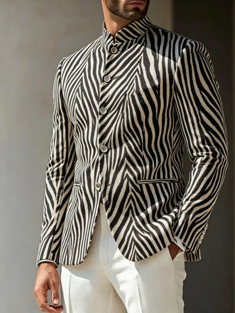 Mens Slim Fit Stand Collar Blazer Black and White Zebra Stripe Pattern Bold Outerwear