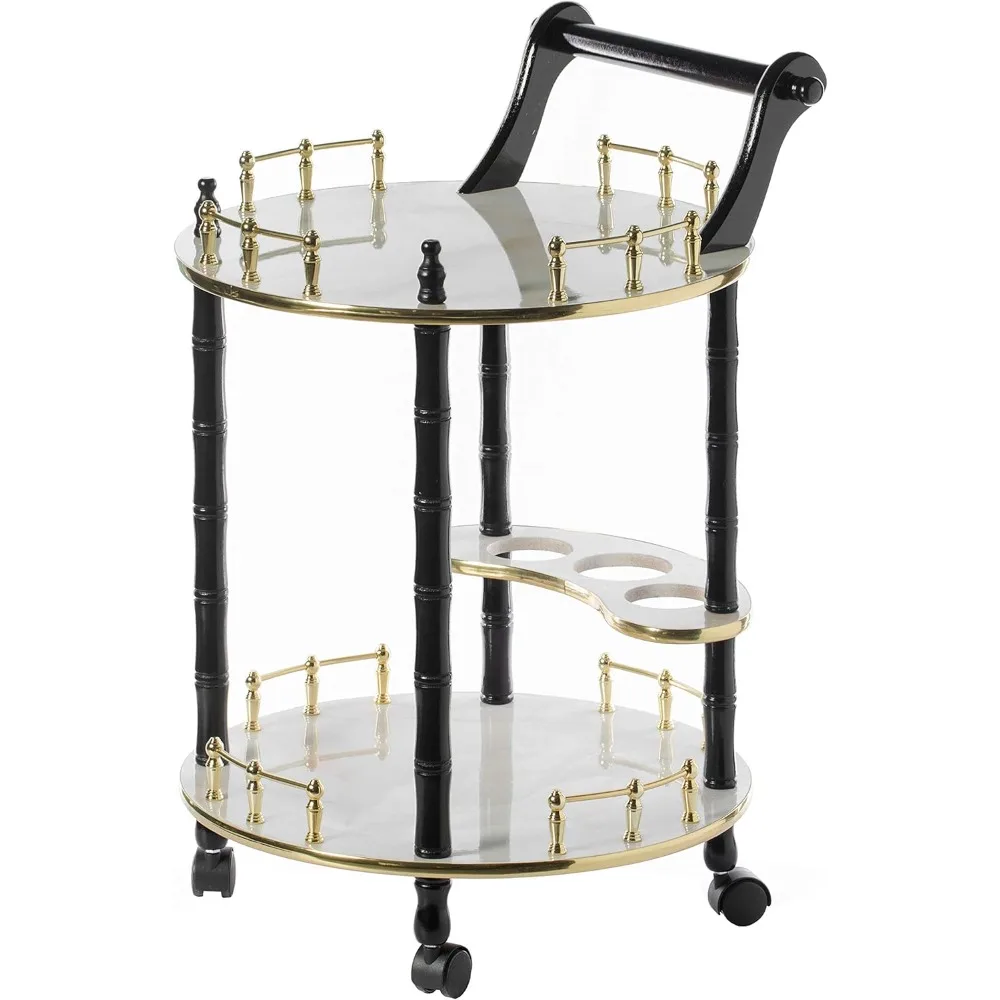 عربة تقديم خشبية مستديرة مع أرفف من طبقتين وعجلات دوارة، باللون الأبيض