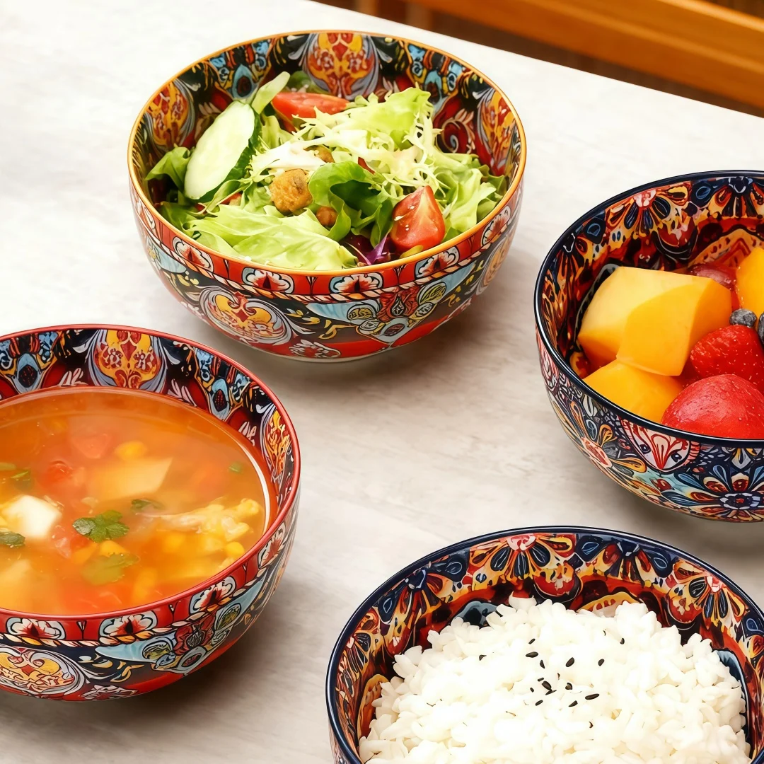 Vintage Hand-Painted Ceramic Bowl - Under Glaze Ethnic Style, Multi-Use for Salad, Dessert, Noodles & Baking