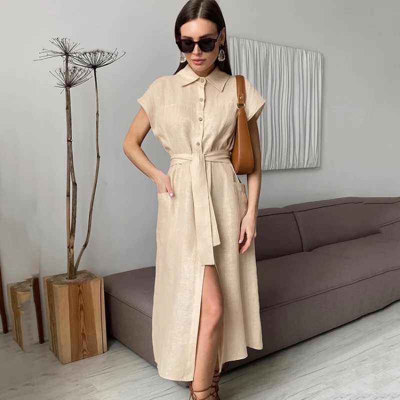 

Summer New Commuter Turn-Down Collar Sleeveless Cotton Linen Dress Elegant High-Waisted Long Straight Dress