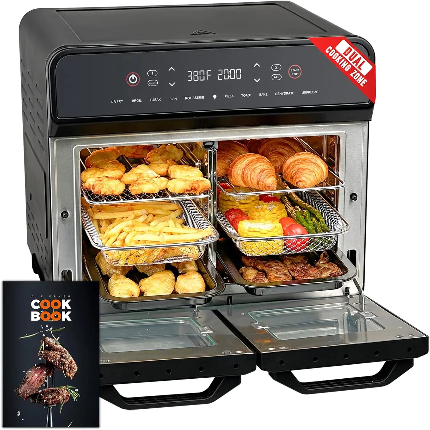 24Qt Dual-Zone-Heißluftfritteuse mit Drehspieß, digitaler 1800W 10-in-1 Konvektions-Toasterofen-Kombination aus Edelstahl