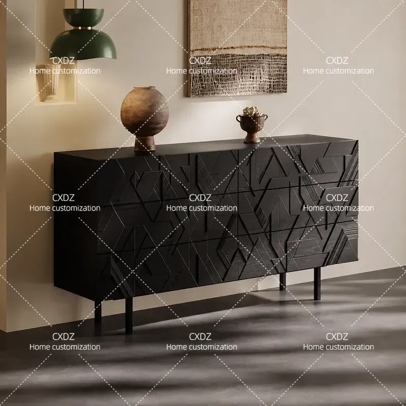 Italian Minimalist Chest Cabinet with Geometric Carving for Living Room and Porch Storage Six Drawer Model Home Furniture
