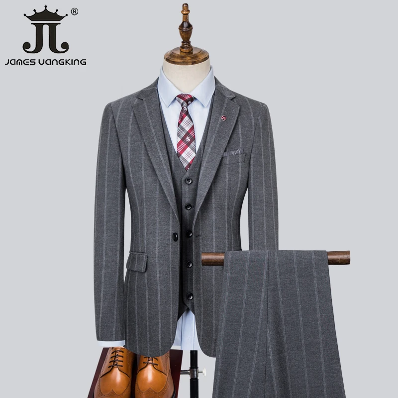 (Jacket + Vest + Pants) Classic Men\'s Vertical Striped Suit 3-Piece Social Office Business Formal Workwear Groom Wedding Dress