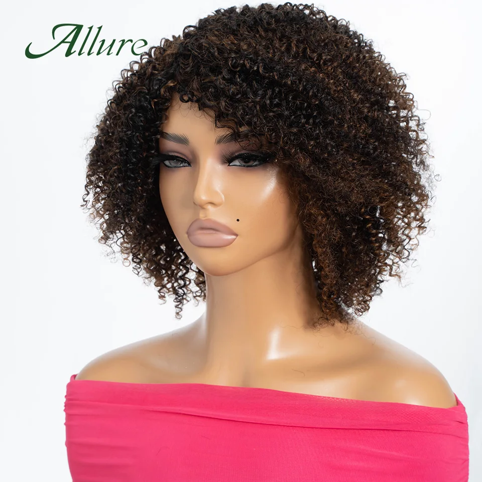 Braziliaanse Jerry Curly Haarwerken van Echt Haar voor Vrouwen, Donkerbruin Gekleurd Kort Krullend Haar, Lijmloze Pruik, Afro Kinky Haarwerken Allure