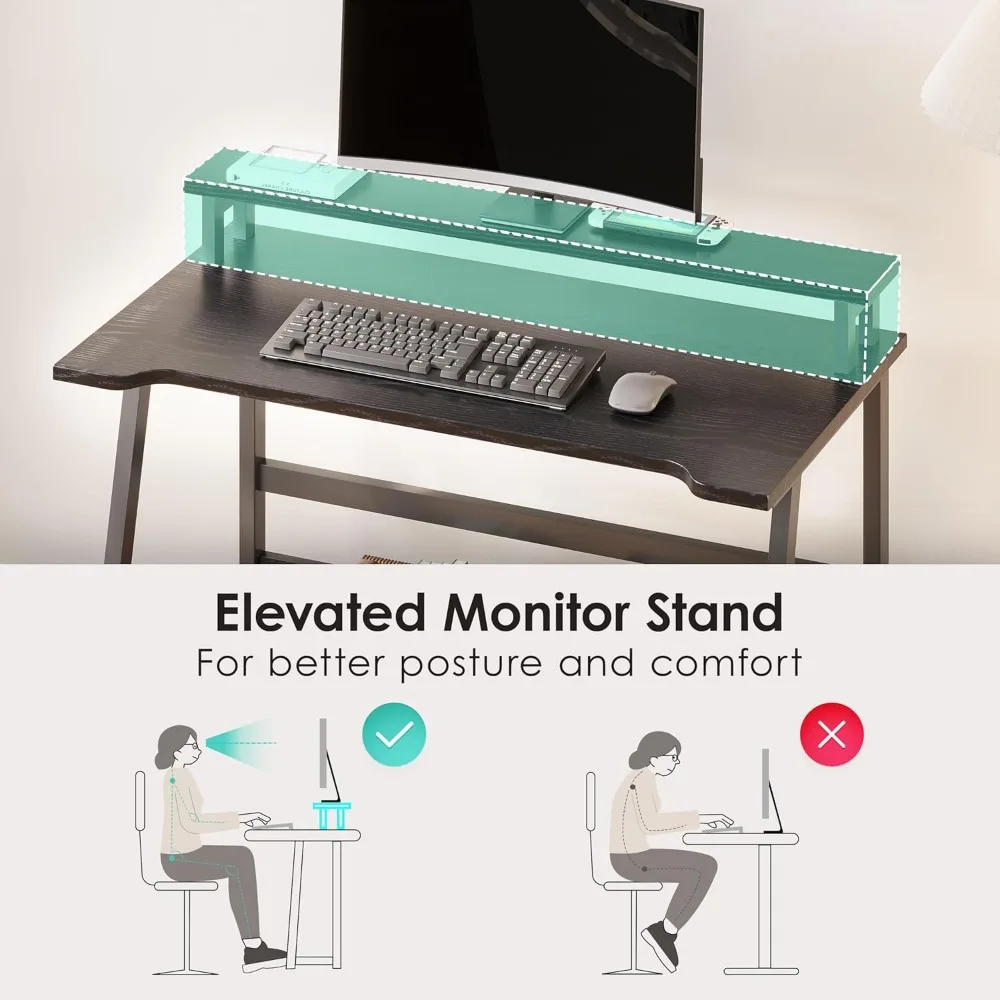 مكتب مكتب منزلي مدمج مع رف تخزين ورف كتب للمساحات الصغيرة، مثالي للشاشة والكتب
