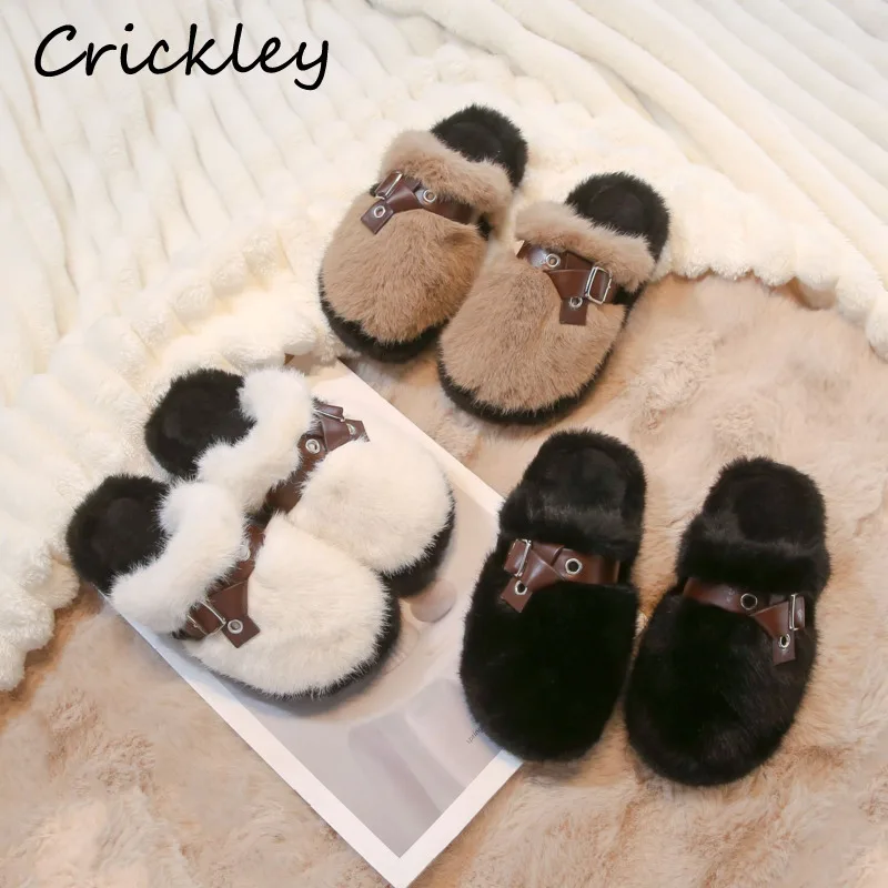 

Fashion Buckle Children Slippers Winter Faux Fur Solid Girls Outdoor Slippers Plush Warm Soft Sole Kids Flats Shoes