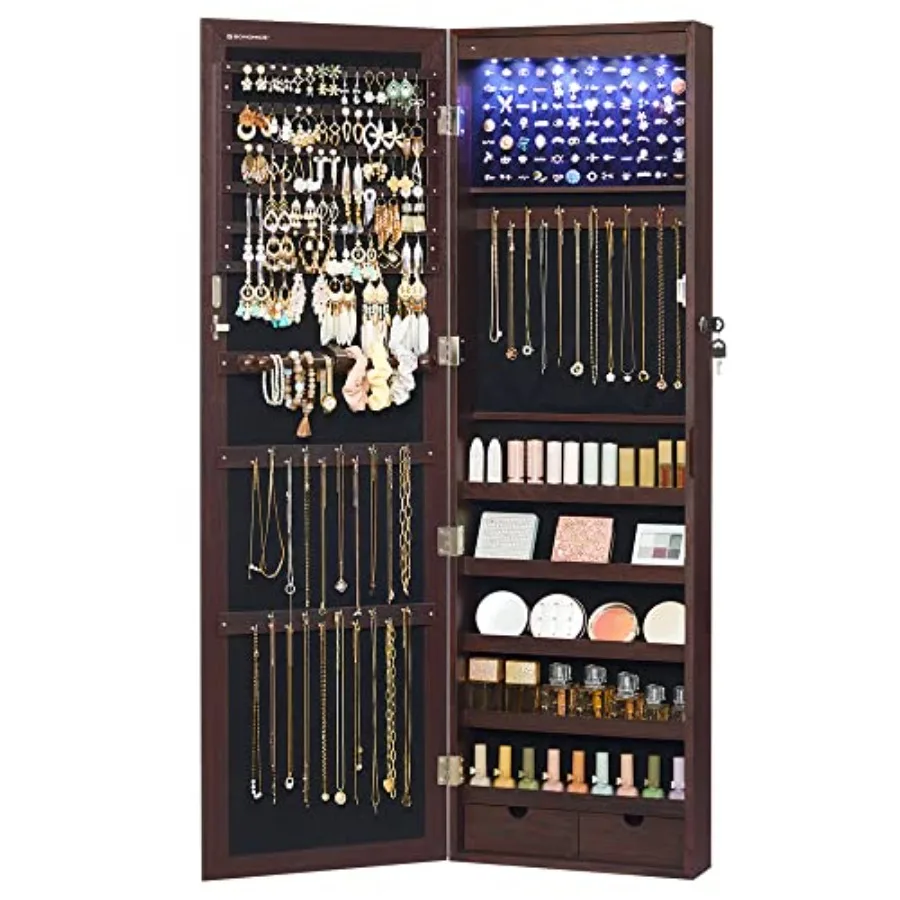 

6 LEDs Mirror Jewelry Cabinet 47.2-Inch Tall Lockable Wall or Door Mounted Jewelry Armoire Organizer with Mirror 2 Drawers Chri