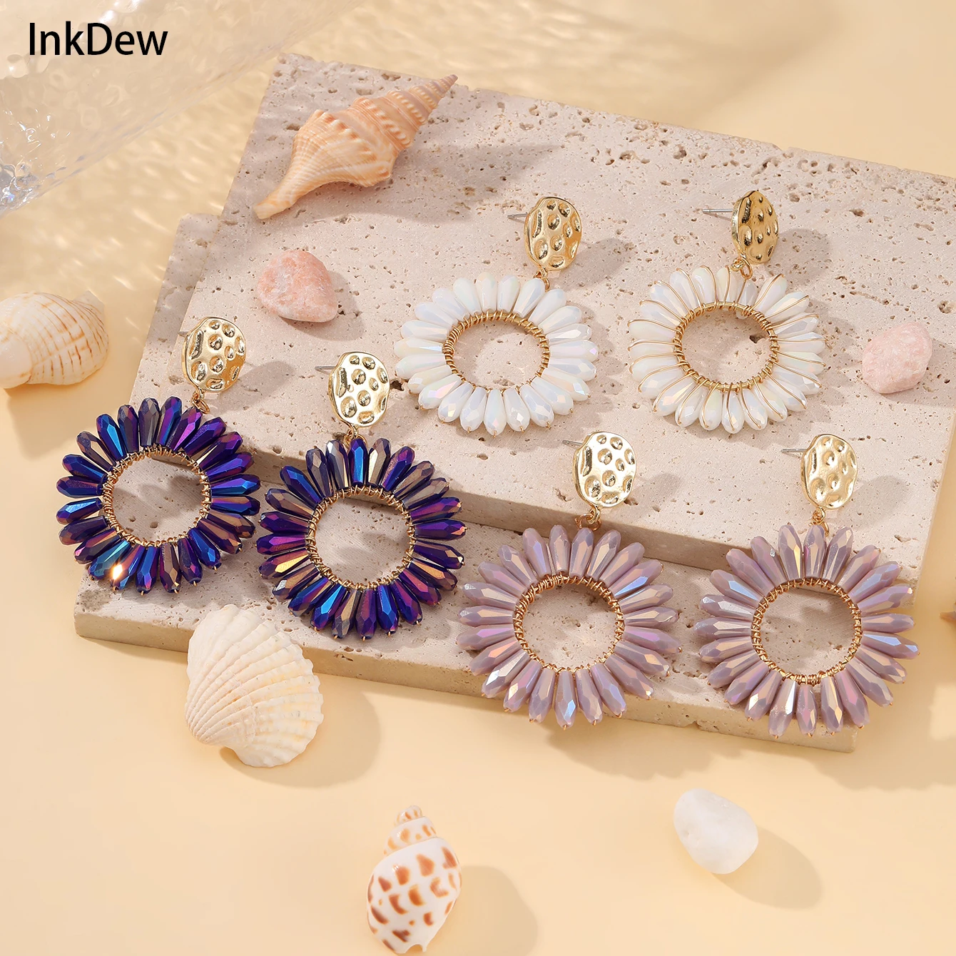 INKDEW Sun Flower Round Drop Earrings for Women Big Long Earrings Handmade Crystal Faceted Beads Earrings Jewelry Gift EA113