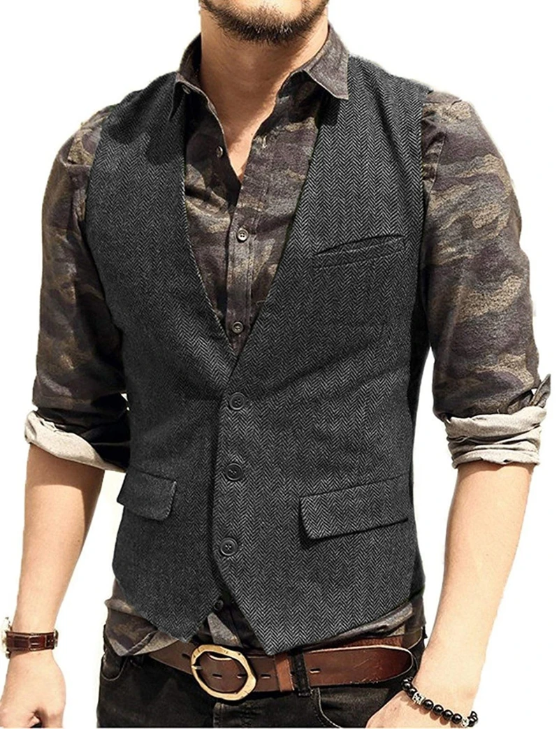 Deep V-Neck Suit Vests Classical Formal Business Herringbone Wood Waistcoat Slim Fit Men's Vest For Wedding