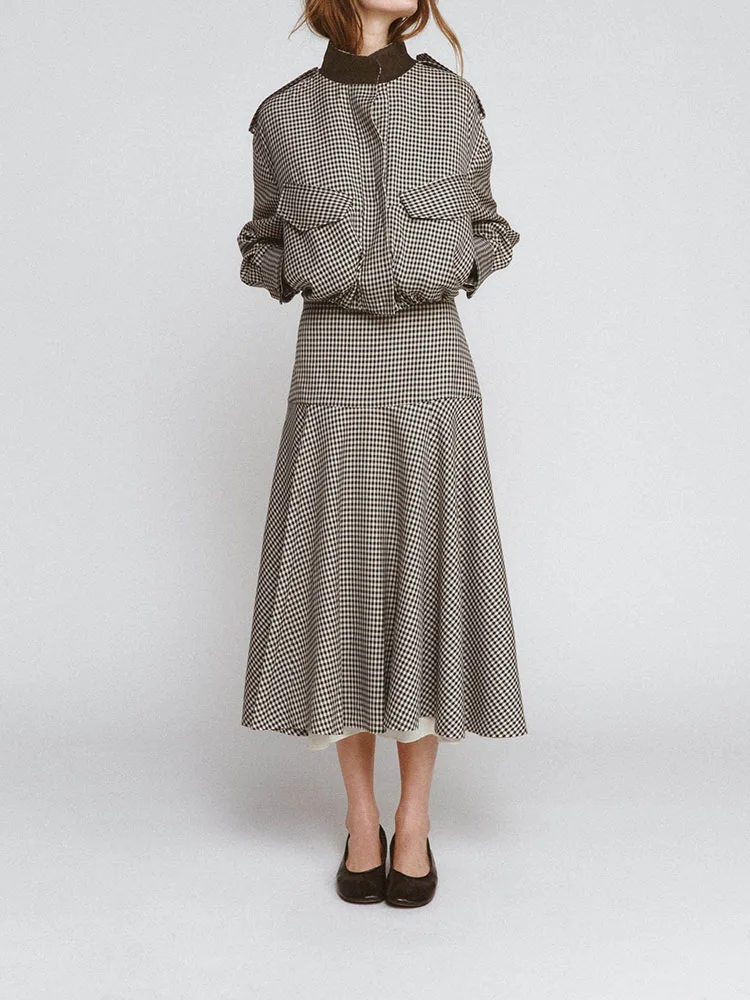 

Spring 2026 Women's Plaid Patchwork Coat Casual Sle Button Closure Zipper ket Other Material 00% ort Outerwear