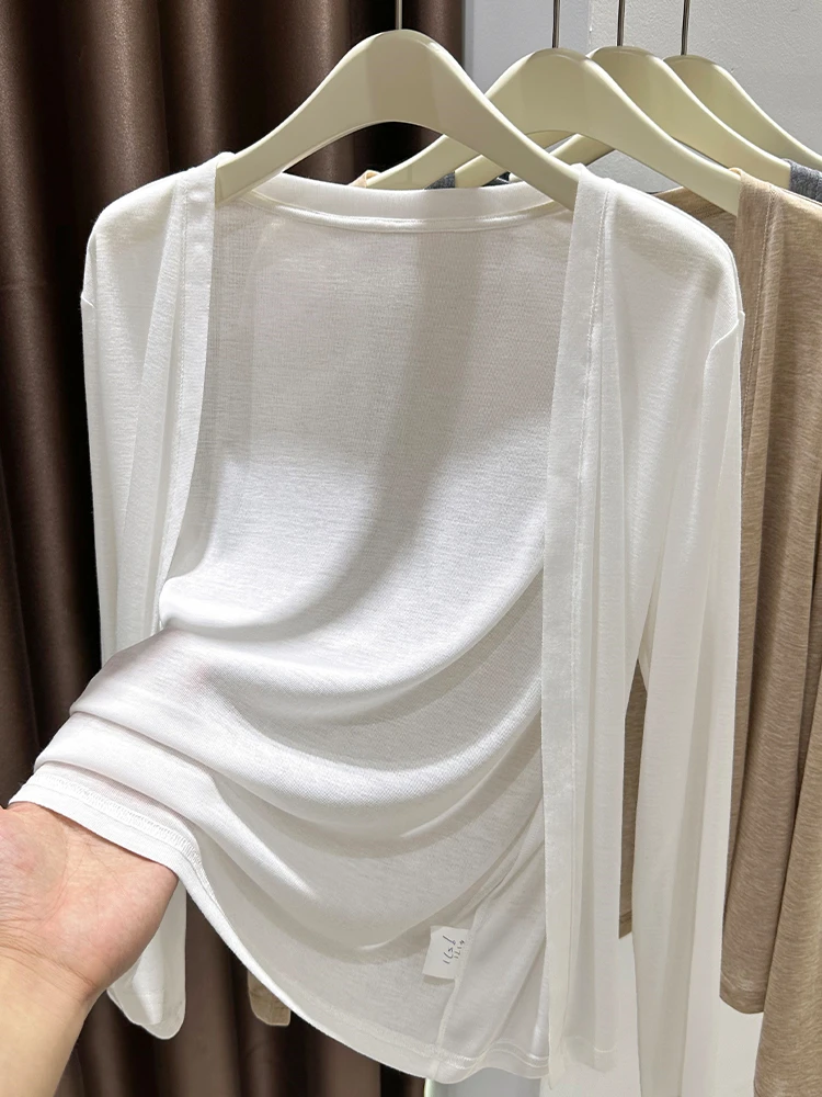 

White Ice Silk Long Sve Open Cardigan Women Summer Thin oulder Strap Outerwear awl Breathable Cover Soft Loose Knitted...
