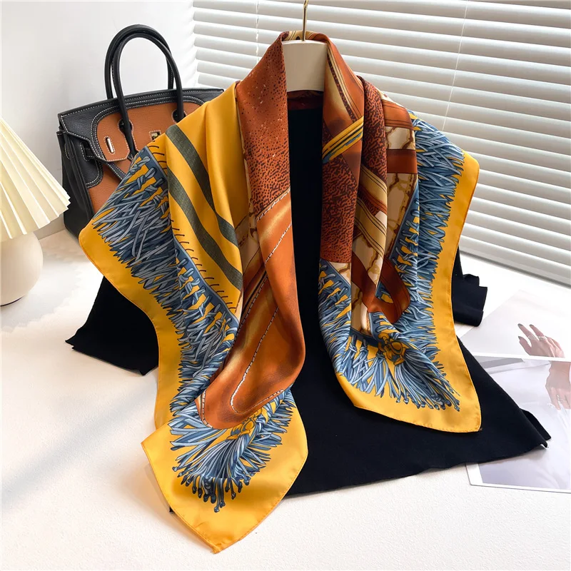 90X90cm Scarves Women Print Hair Neck Square Silk Office Shawl Bandanna Handkerchief Headcloth Foulard Female Wrap Neckerchief