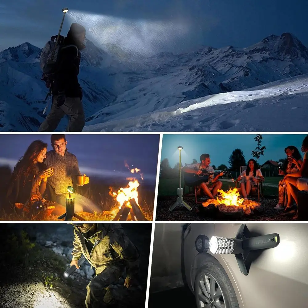 โคมไฟตั้งแคมป์แบบชาร์จไฟได้แบบพกพาพร้อมแบตเตอรี่ 10500mAh, ไฟ LED กันน้ำ, ฐานแม่เหล็ก และกระเป๋าเก็บของ - สีเทา