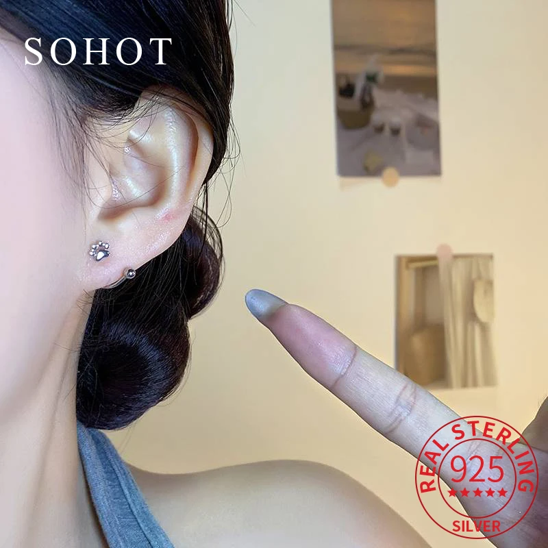 

Real 925 Sterling Silver Mini Cat Stud Earrings for Women Cute Piercing Screw Bead Fine Jewelry Personality Accessories