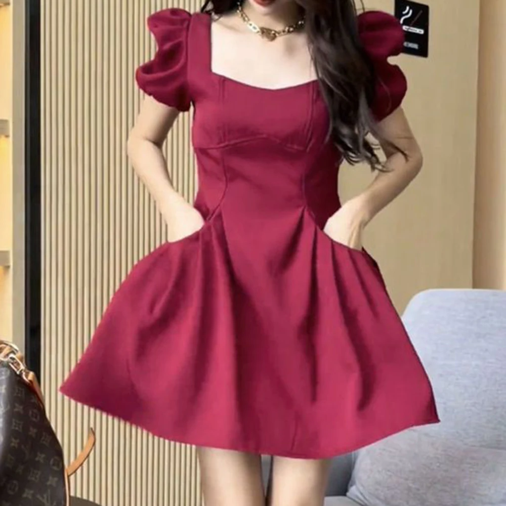 

New summer dress royal sister square neck bubble sleeve Spice girl pleated dress femininity short waist skirt