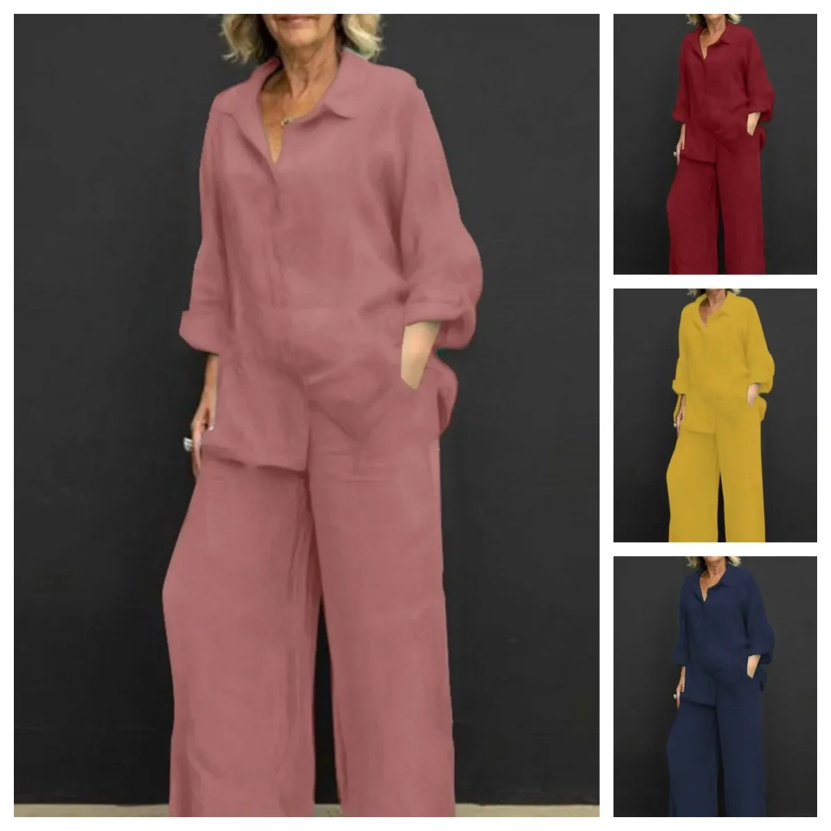 

Two Pieces Set Women Autumn Pant Sets Long Sleeve Button Shirt Wide Leg Pants Lapel Tops Blouses Matching Sets Trouser Suits