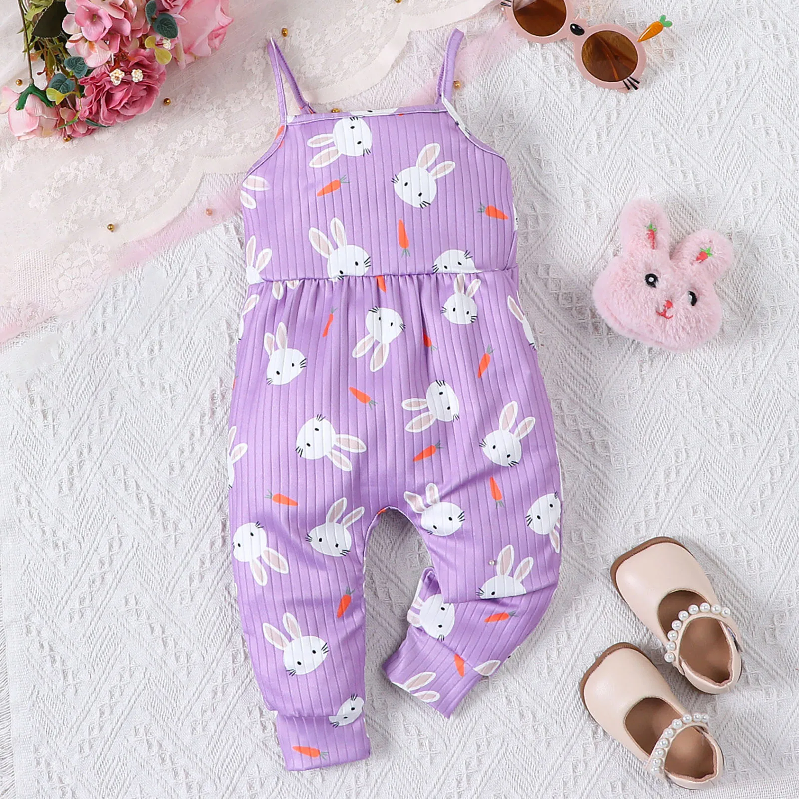 Toddler Baby Girls Easter Outfit Bunny Print Rompers 2025 Summer Sleeveless Jumpsuits Bodysuits Overalls Suspender Pants 6M-3T