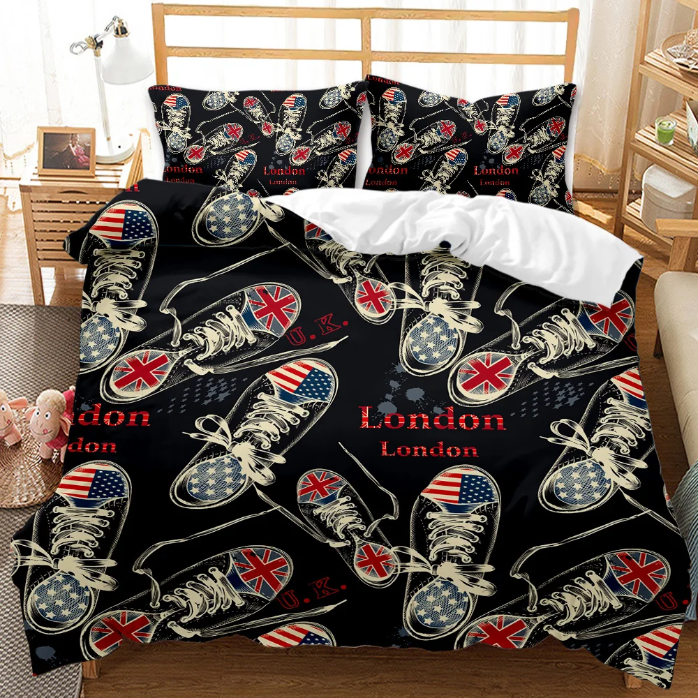 Sneakers Bedding Set Retro Grunge Hip Hop Style Duvet Cover 2/3pcs Polyester Comforter Cover King Queen Size Black Quilt Cover