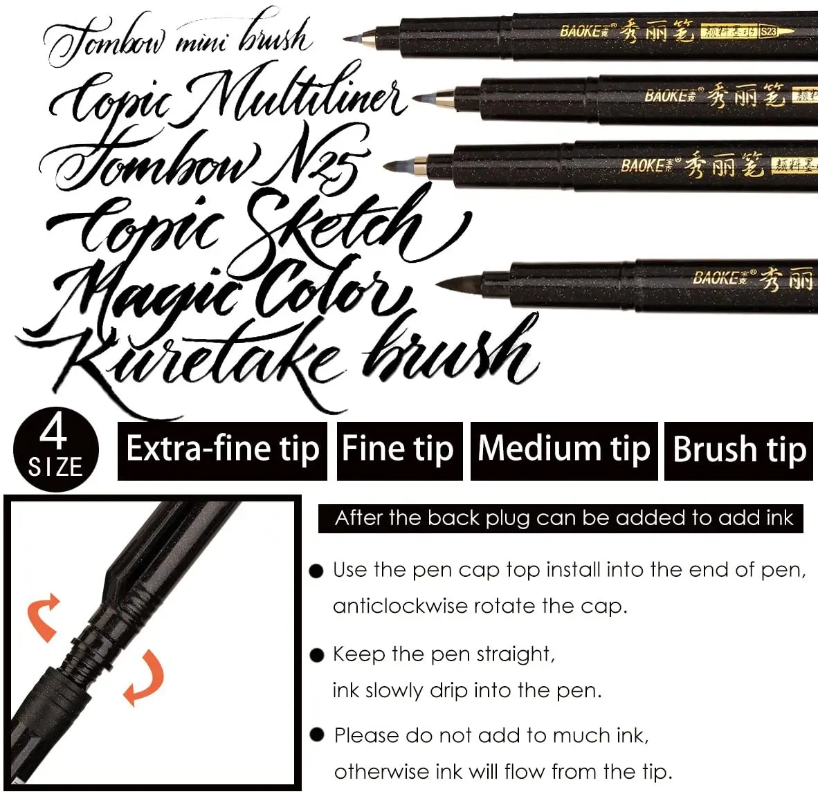 10PCS Pack Hand Lettering Calligraphy Brush Pen Markers Set, Soft and Hard Tip, Black Ink Refillable