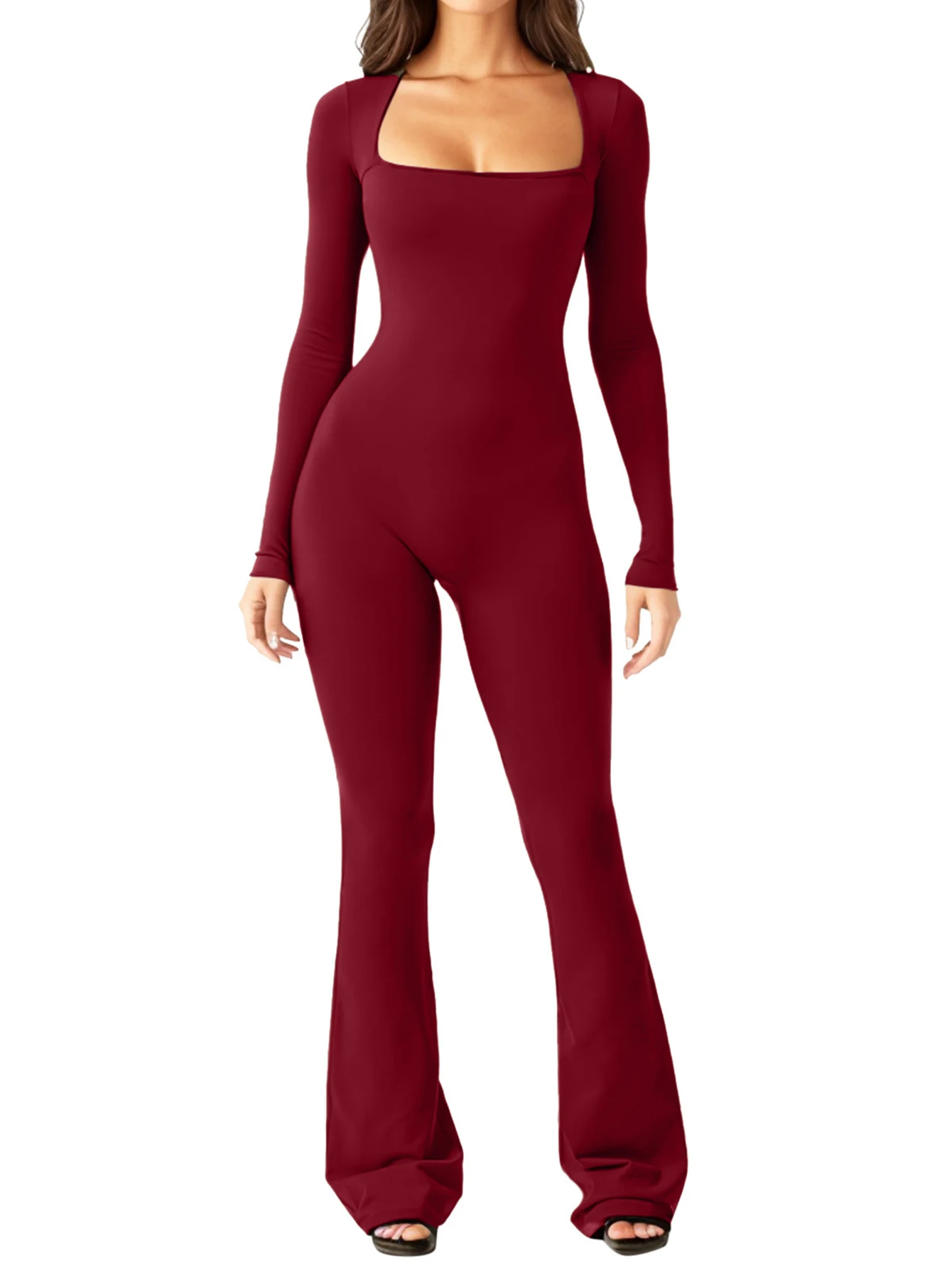 

Женский однотонный комбинезон с длинными рукавами и круглым вырезом K-Fashion, повседневный расклешенный комбинезон в полный рост на осень