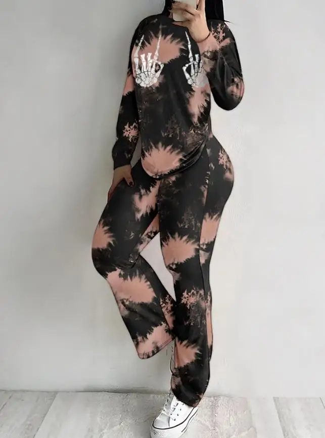 

Two Piece Set Women Outfit 2025 Spring New Tie Dye Skeleton Hands Print Long Sleeve Top & Casual Elastic Waist Flared Pants Set