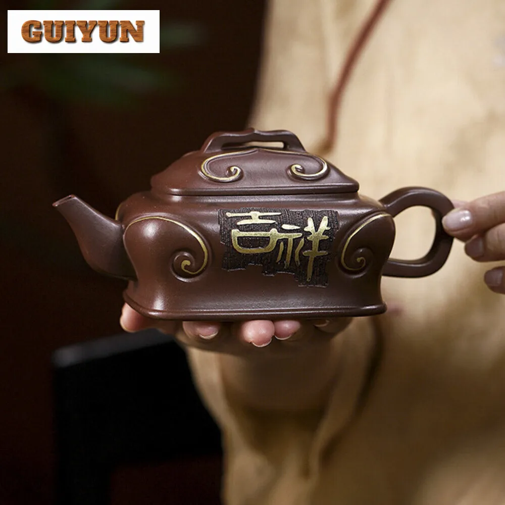 340ML Retro Yixing Purple Clay Teapots Handmade Gold Tracing Purple Pot Raw Ore Purple Mud Kettle Zisha Tea Set Cha Ornamentsft