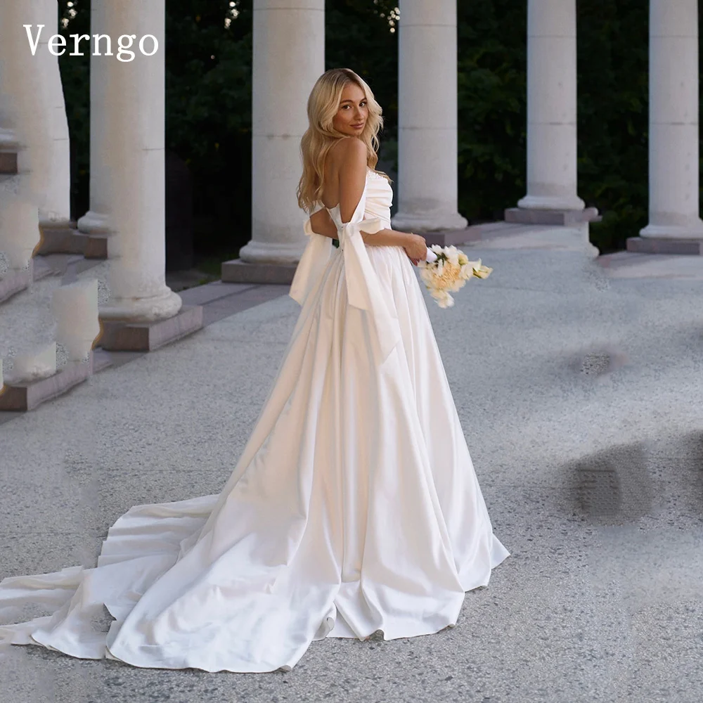 

Verngo Simple A Line Wedding Dress Off The Shoulder Pearls Sweap Train Bride Gowns Women Lace Up Bridal Dress Customized