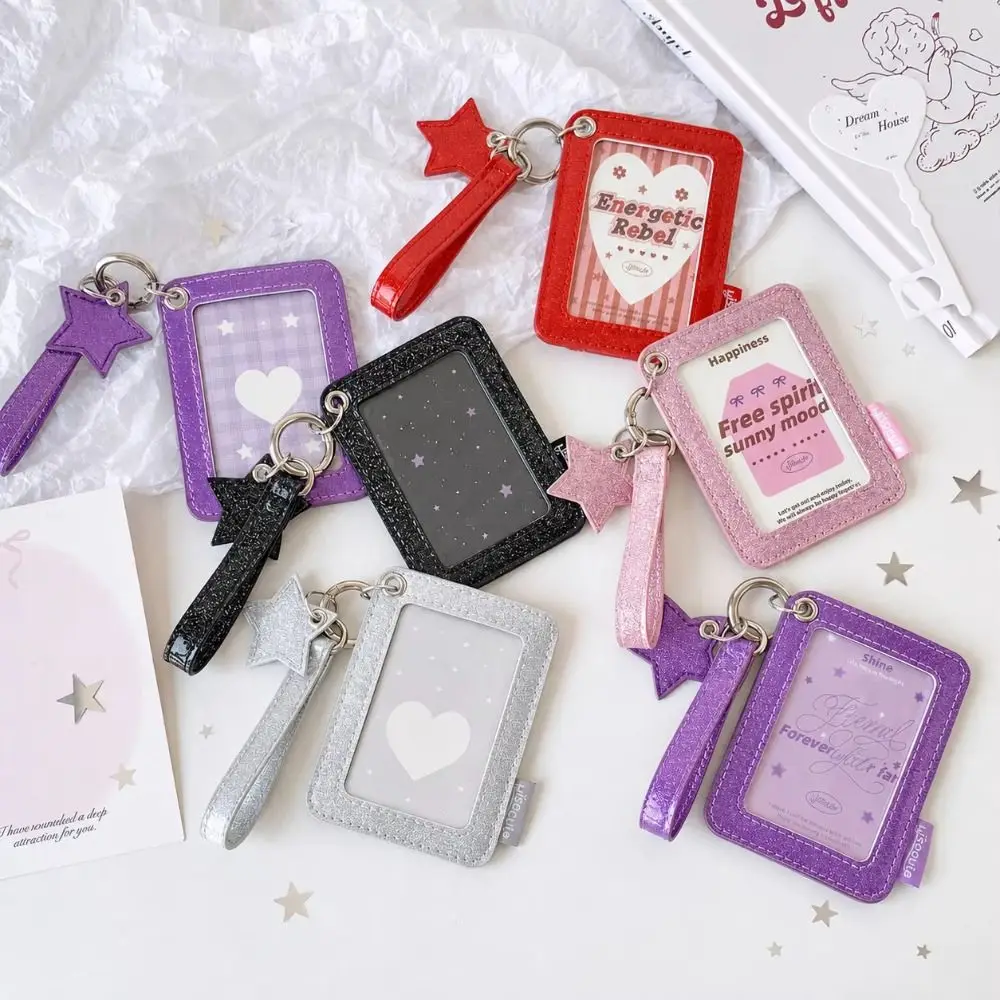 Glitter PU Photocard Holder with Wrist Strap Shiny Star Charm Photocard Case Decoration Waterproof Photocard Display Sleeve