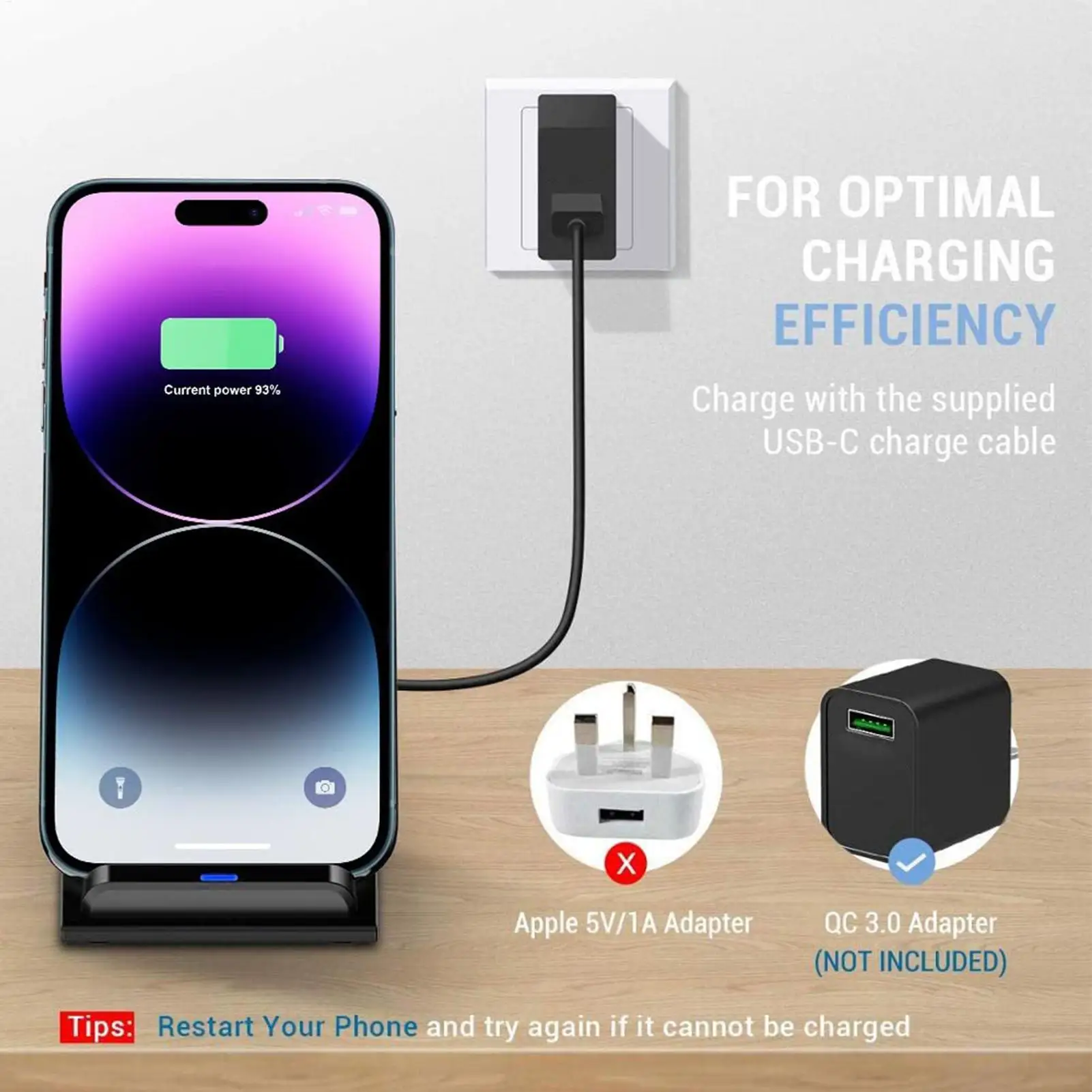 15W Fast Wireless Charging Station, Portable Phone Charger Stand with Sleep-Friendly Adaptive Light for Bedside Desk
