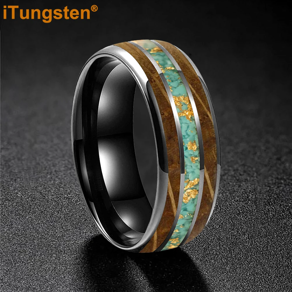 iTungsten 8mm - Unisex Tungsten Carbide ring Men’s Women’s Wedding Bands With Whiskey Wood And Turquoise Gold Foil Inlay view 6