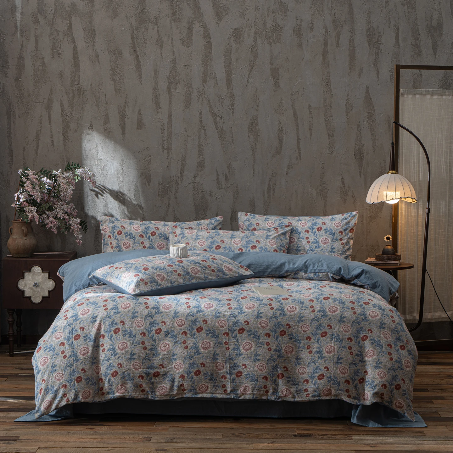 Korean Style Bedding Set Ins Retro Fresh Floral Washed Cotton Four Piece Duvet Set, Student Dormitory Bed Sheet Three Piece Set