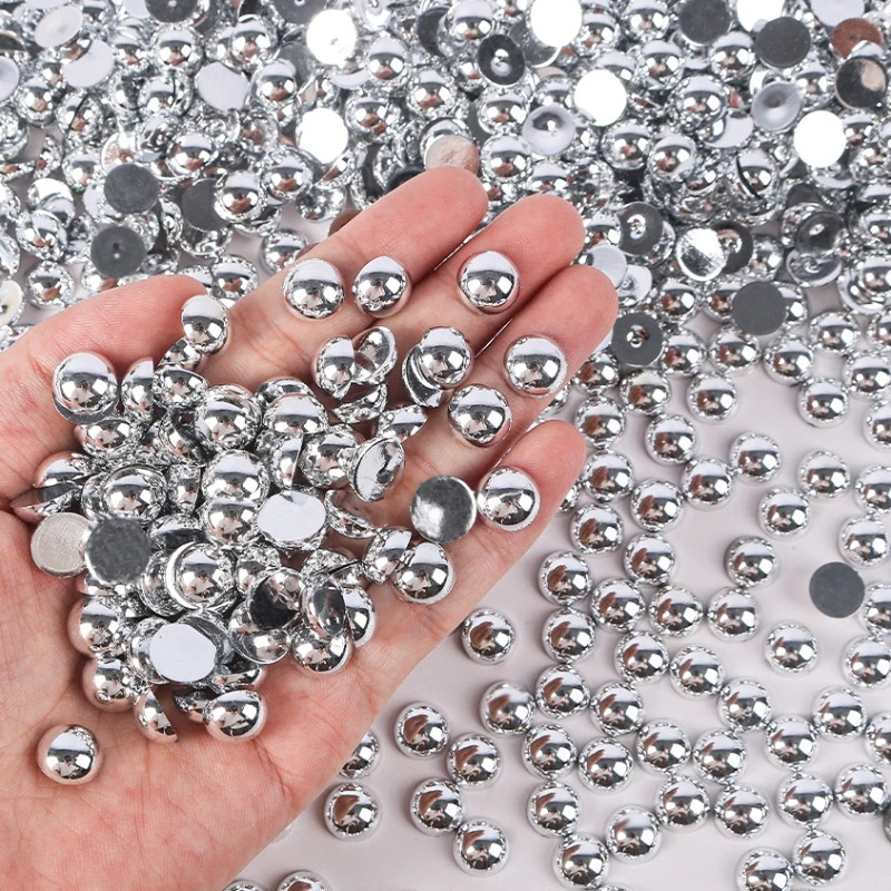 Flat Back Round Pearl Beads Silver Color ABS Pearls Imitation Beads Stone Silver Colors For DIY Craft Making Decoration Stones