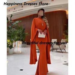 Customized Elegant Orange Mermaid Evening Dress Jersey O-Neck Flare Sleeves Homecoming Gowns for Saudi Arabia 2026
