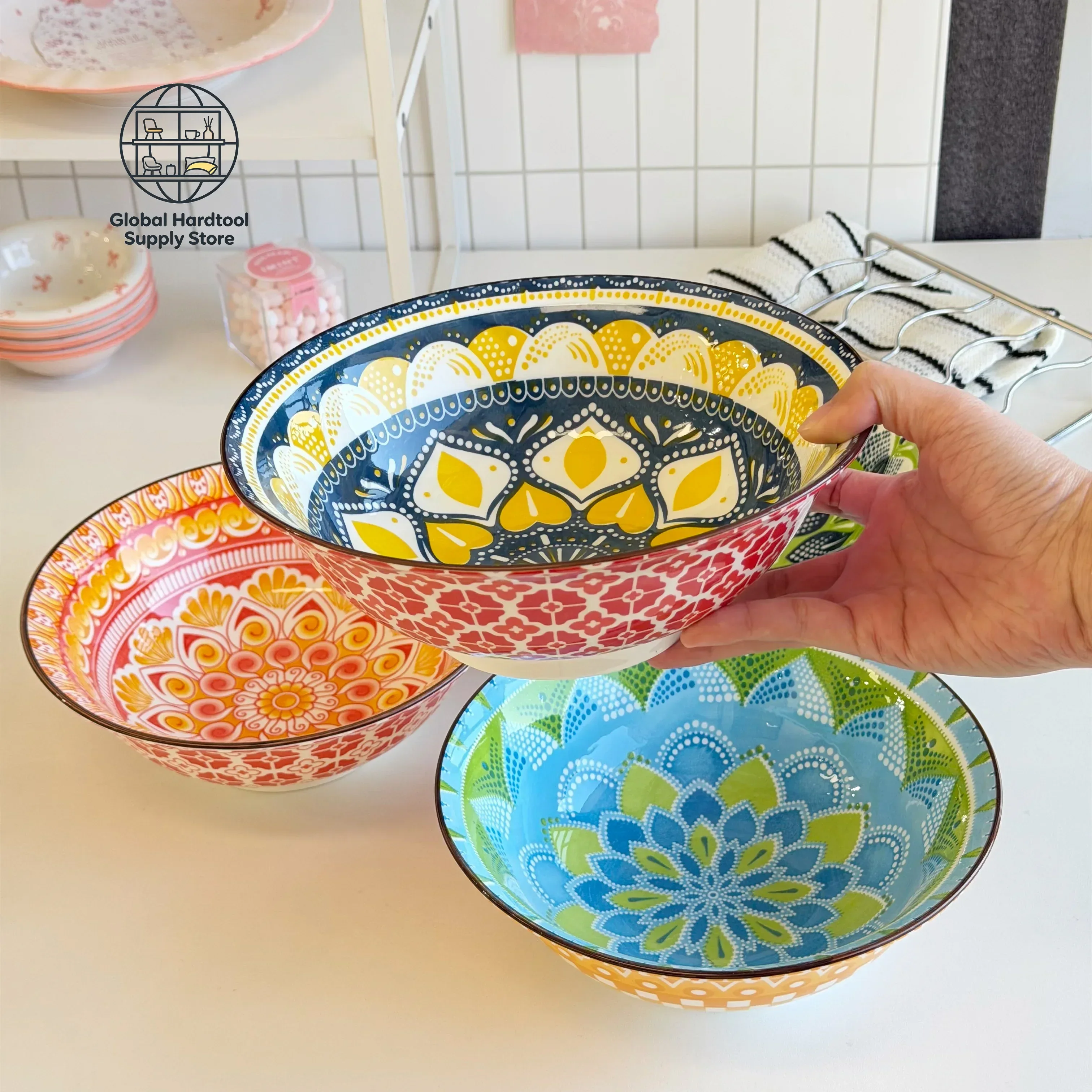 1/4-Piece Bohemian Ceramic Soup Bowl Set, 8 Inches in Diameter, Microwave and Dishwasher Safe, Perfect for Daily Meals