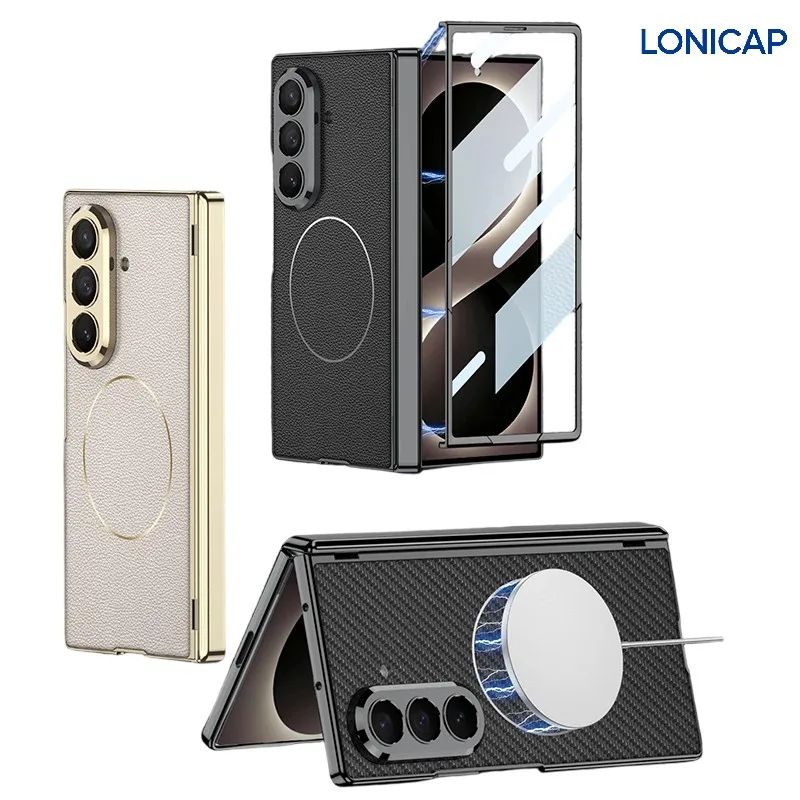 

Phone case:suitable Samsung Galaxy Z Fold 8 Ultra Magnetic Ring Faux Leather Case Hinge Cover Tempered Film Lens Guard Luxury 5G