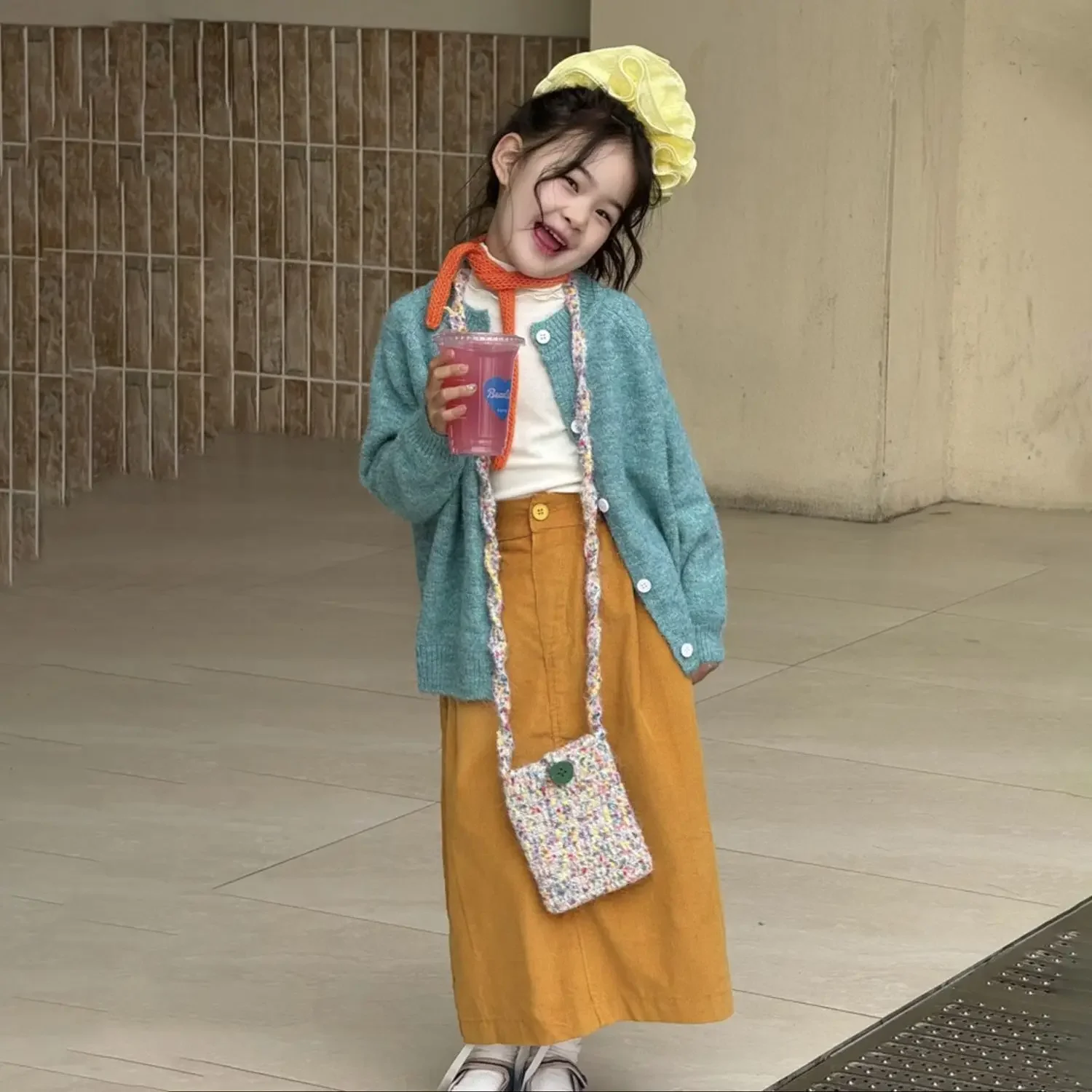 

2025 Autumn New Korean Design Cute Girl's Soft Knit Cardigan High Waist Long Pleated Skirt Light Blue