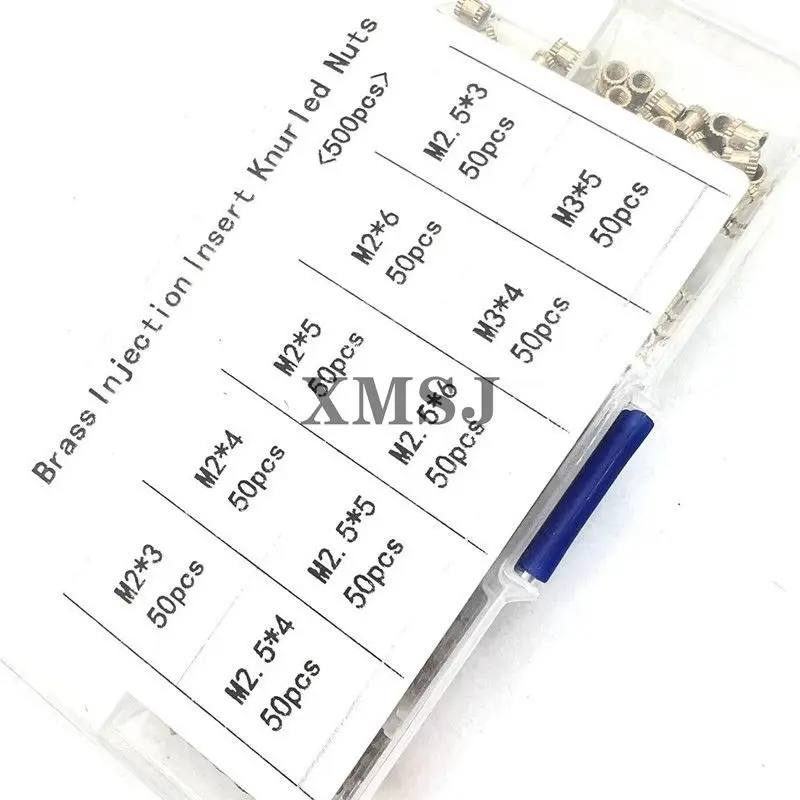 500 stücke M2 M 2,5 M3 Messing Rändel Einsatz Muttern Gewinde Sortiment Set Kit mit Kunststoff Box
