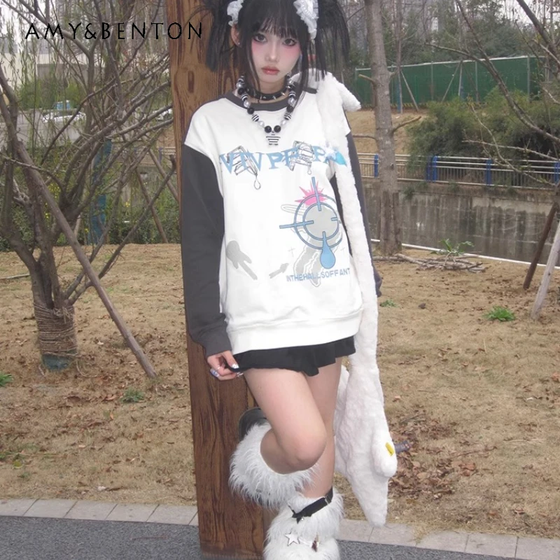 

American Retro Original Design White Long Sleeve Women's T-Shirt Autumn New Style Splicing Round Neck Loose Top T-Shirts Ladies