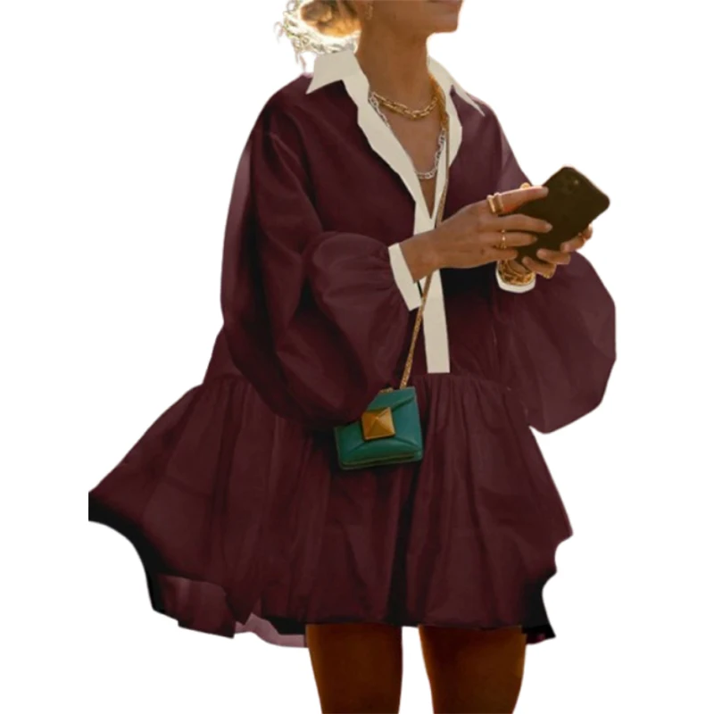 Lemongor-minivestidos para mujer, nueva moda 20225, Color contrastante, mangas de burbuja, solapa plisada, corte en A, camisas, vestido, ropa femenina