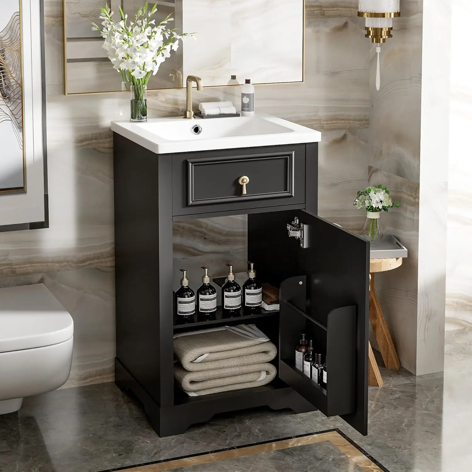 20" Bathroom Vanity Sink Combo Solid Wood Storage Cabinet Adjustable Shelf Soft Close Door Built-in Organizer Black, Customized