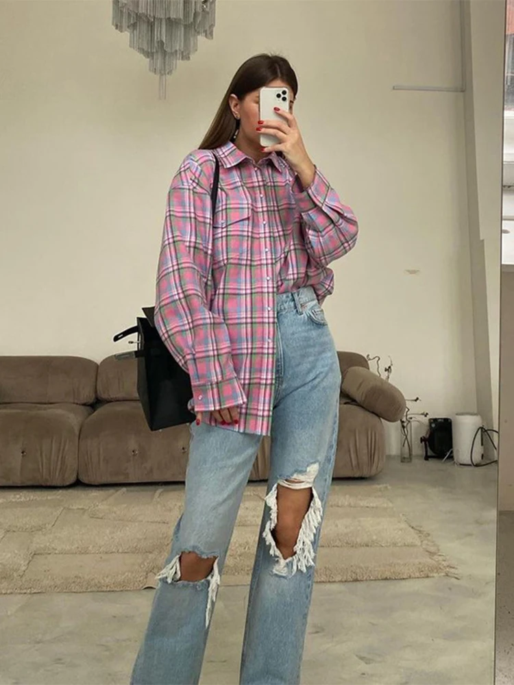 Pink Vintage Plaid Blouses Woman Loose Long Sleeve Shirt Casual Shirt Tops with Pockets 2023 Autumn Winter Women\'s Clothing