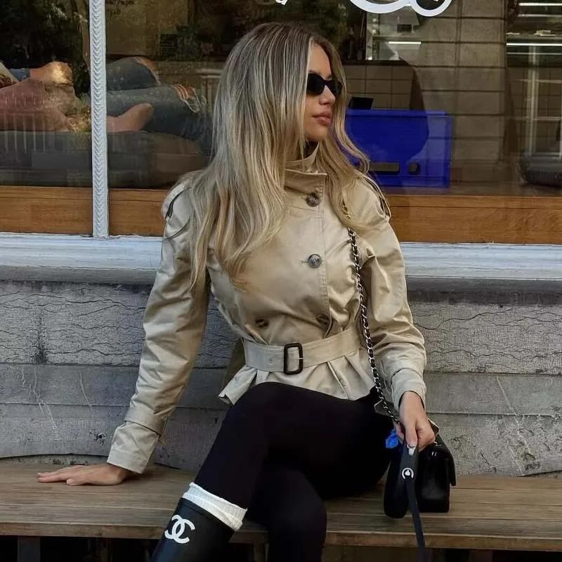 YENKYE Vintage Double Breasted With Belt Short Windbreaker For Women Long Sleeve High Neck Fashion Elegant Coat Female Street