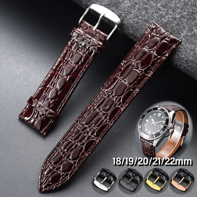 Classic Crocodile Grain Leather Watch Band 18mm 19mm 20mm 21mm 22mm Cowhide Replacement Strap with Multi‑Color Metal Pin Buckle