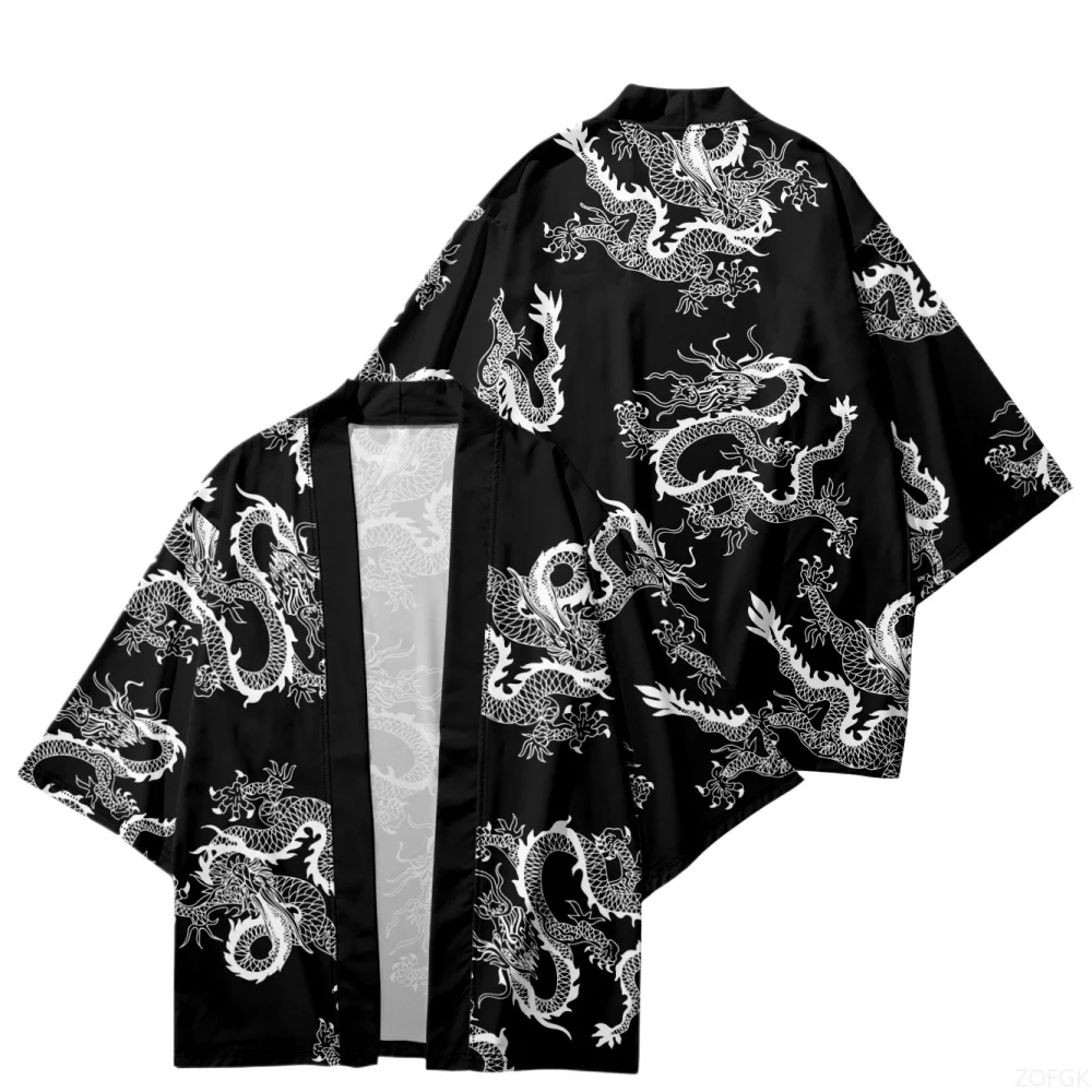 Summer Couple Women Men Japanese Streetwear Red Chinese Dragon Printed Black Kimono Beach Shorts Traditional Cardigan Yukata image 6