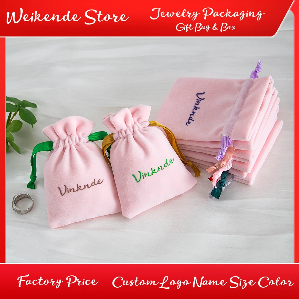 

Custom Logo Pink Velvet Gift Bags Christmas Jewelry Gift Display Packaging Ribbon Drawstring Pouches Earrings Soap Dust Sack