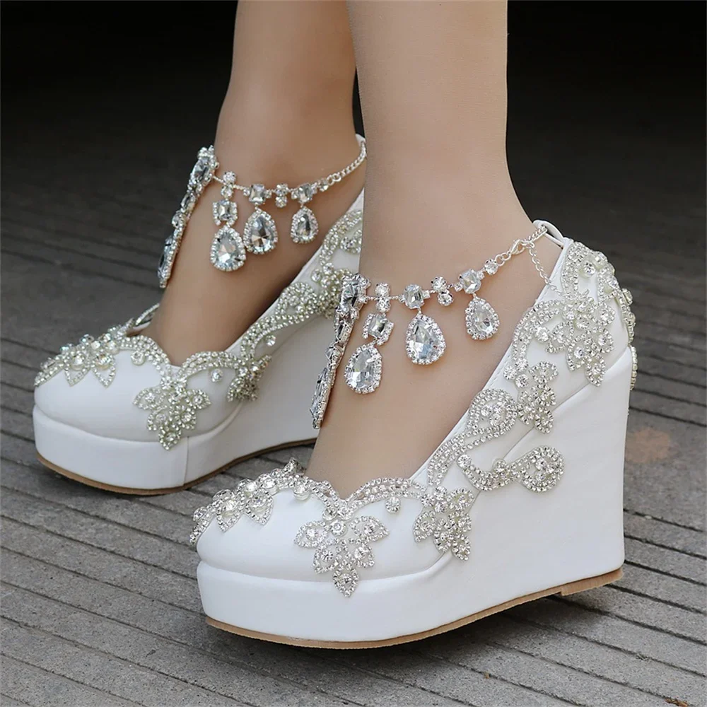 Rhinestone Bride Wedding Shoes Woman Ankle Strap Wedges High Platform Pumps High Heels Party Rhinestone Round Toe Wedges 11 CM