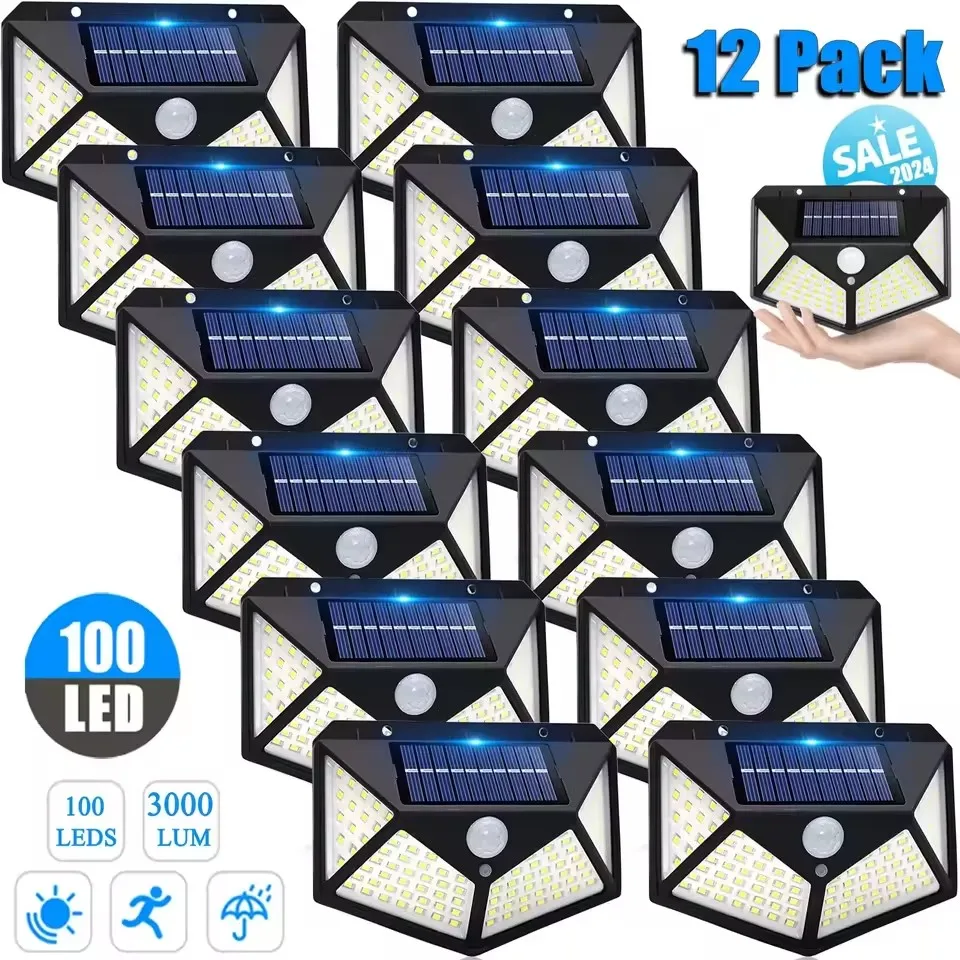 

1-12 Pack Solar Lights Outdoor 100 LED Wall Lamp Motion Sensor Lights Waterproof Solar Street Light Garden Yard Garage Lighting